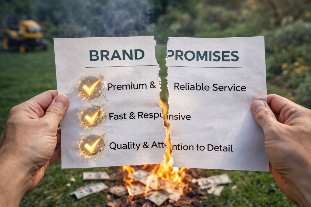 Brand promises checklist for premium reliable service, fast response, and quality detail for a lawn care company