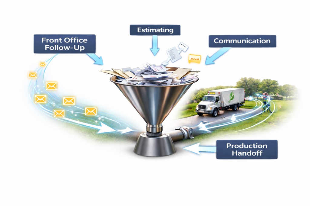 Infographic of front office follow-up, estimating, communication, and production handoff flowing through a funnel to field service