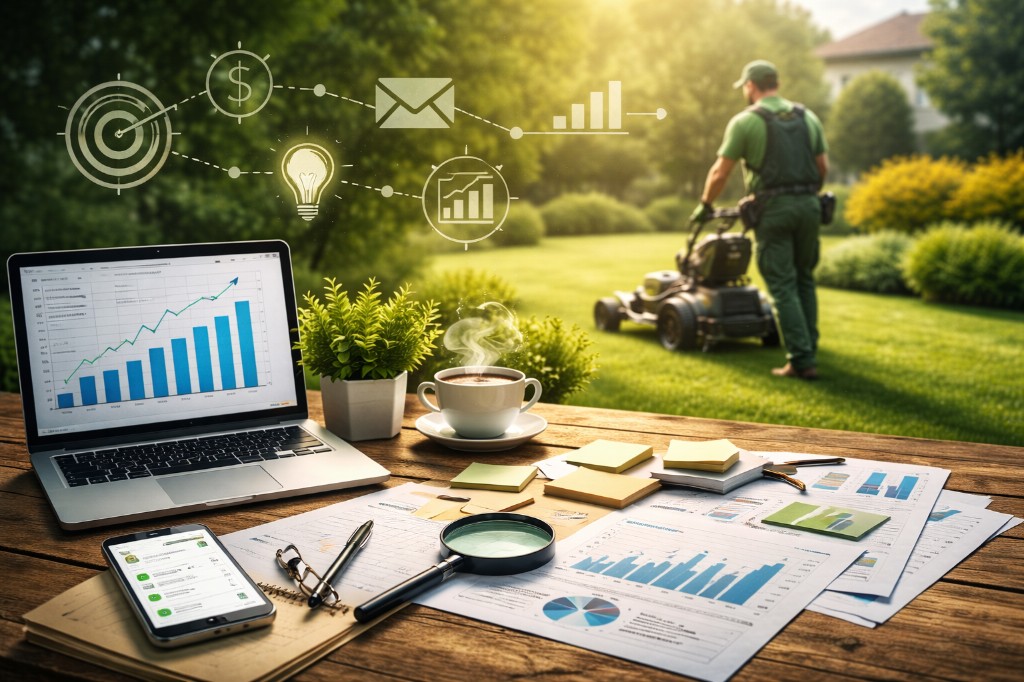 Laptop and marketing analytics on a desk with lawn care operations in the background representing systems for lawn company growth