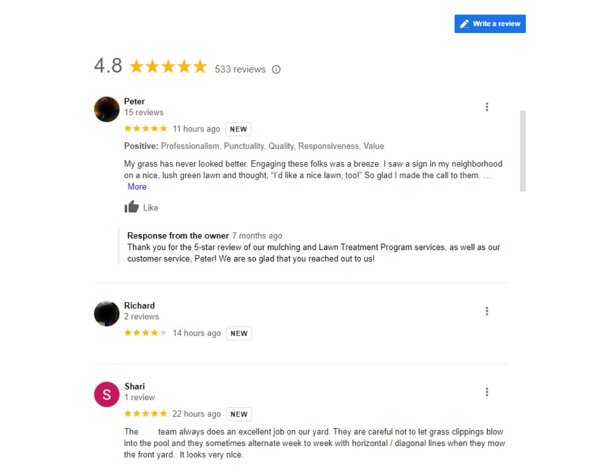 Example of Google reviews showing customer feedback and owner responses