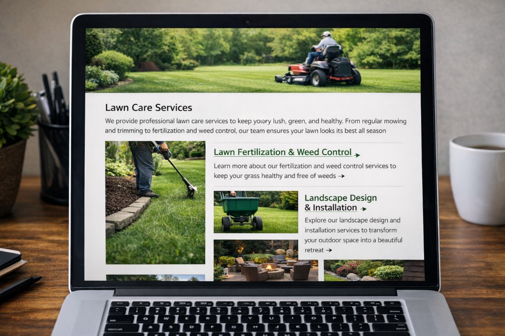 Lawn care services website on a laptop showing internal links from a hub service page to related offerings