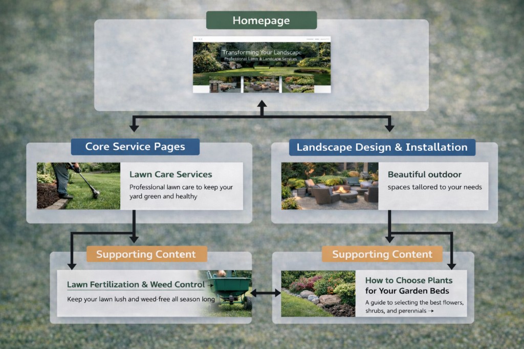 Diagram of homepage linking to core lawn and landscape service pages and supporting blog content in a hub-and-spoke structure