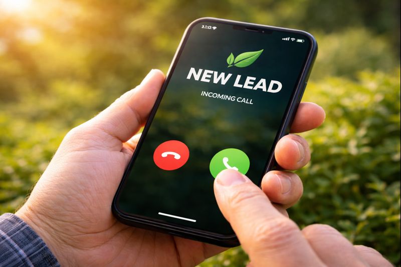 Smartphone showing an incoming call labeled New Lead for a lawn care business