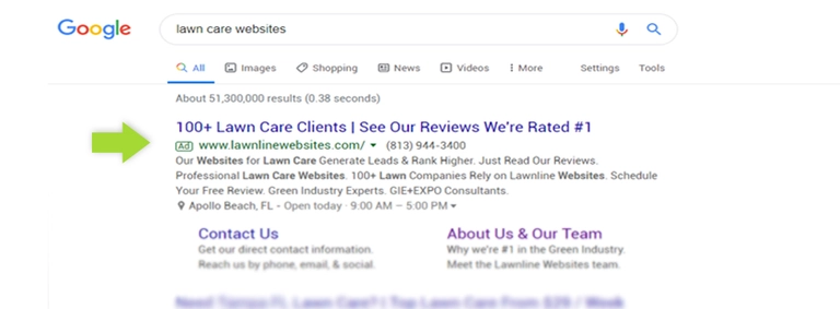 Screenshot of Lawnline Websites paid advertising listing