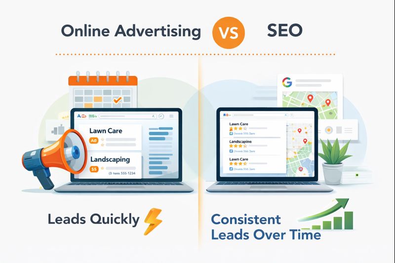 Online Advertising vs SEO comparison showing leads quickly versus consistent leads over time for lawn care and landscaping businesses