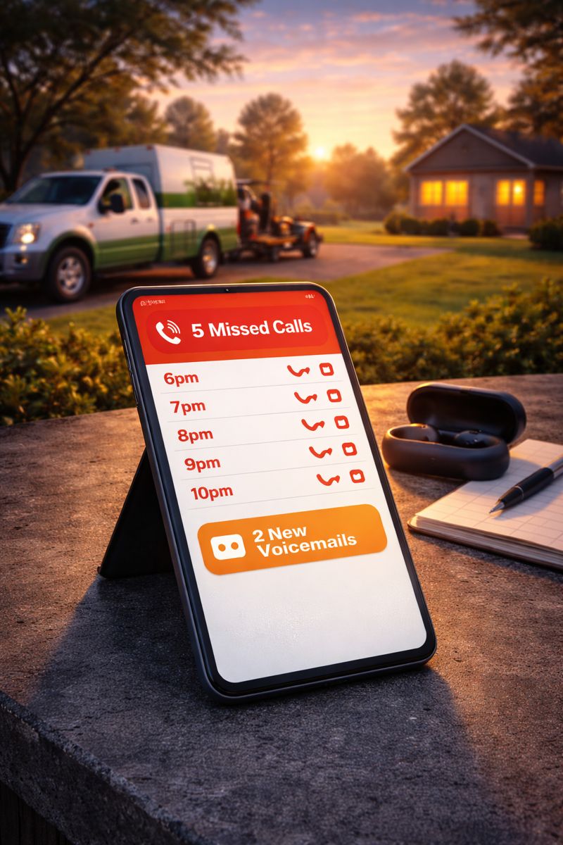 Phone showing 5 missed calls at 6pm, 7pm, 8pm, 9pm, and 10pm with 2 new voicemails for a lawn care business