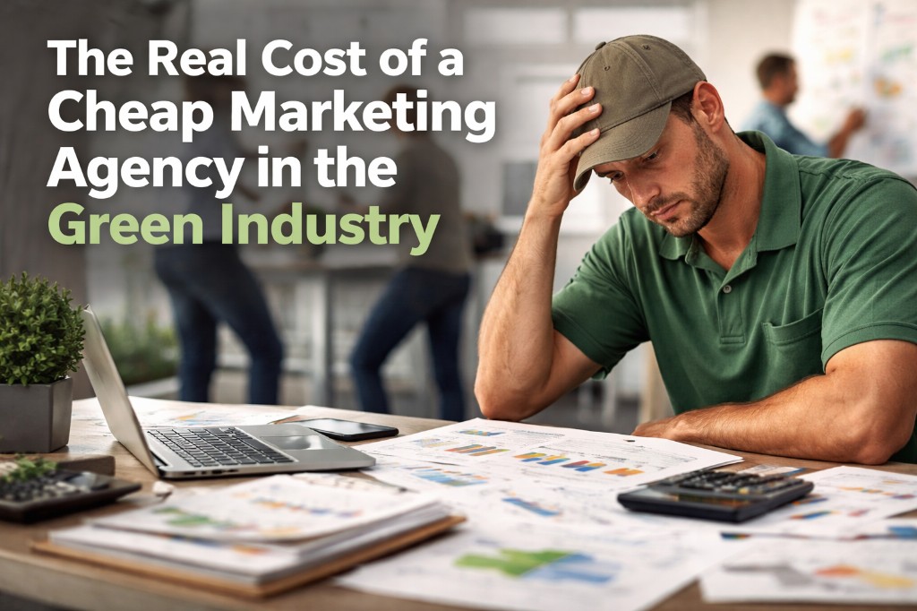 Green industry business owner stressed at a desk reviewing marketing performance and hidden costs