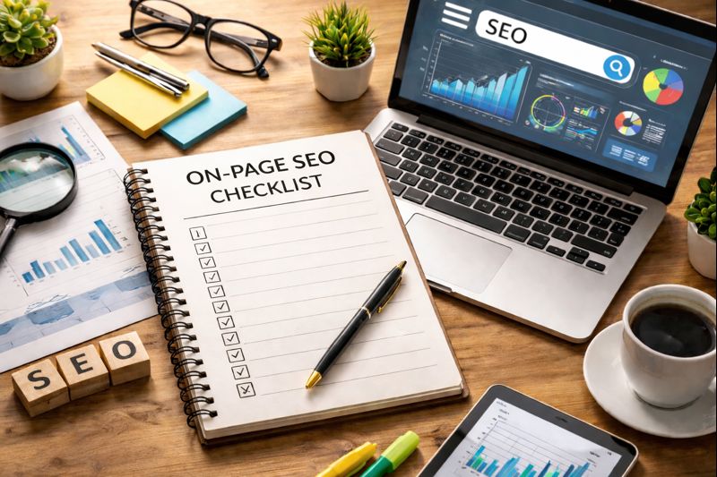 On-page SEO checklist and analytics on a desk representing structured search optimization for landscaping companies