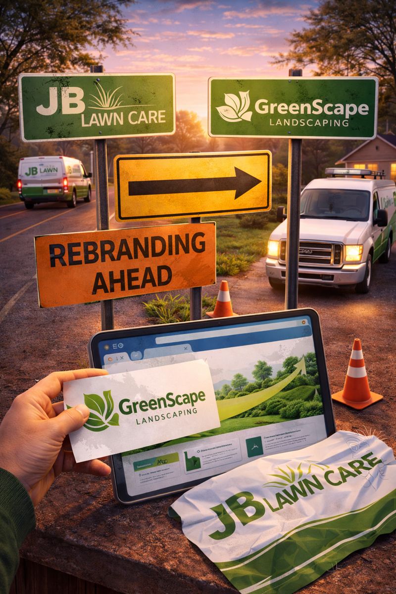 Lawn care company rebrand transition showing old brand JB Lawn Care changing to new brand GreenScape Landscaping with rebranding ahead road sign