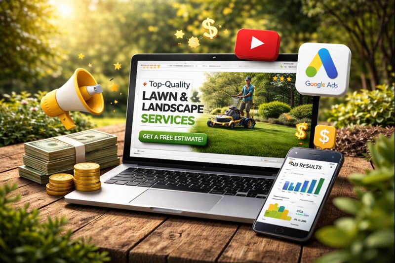 Laptop showing a lawn and landscape services ad with Google Ads and YouTube icons, stacks of cash, and an ad results dashboard on a phone