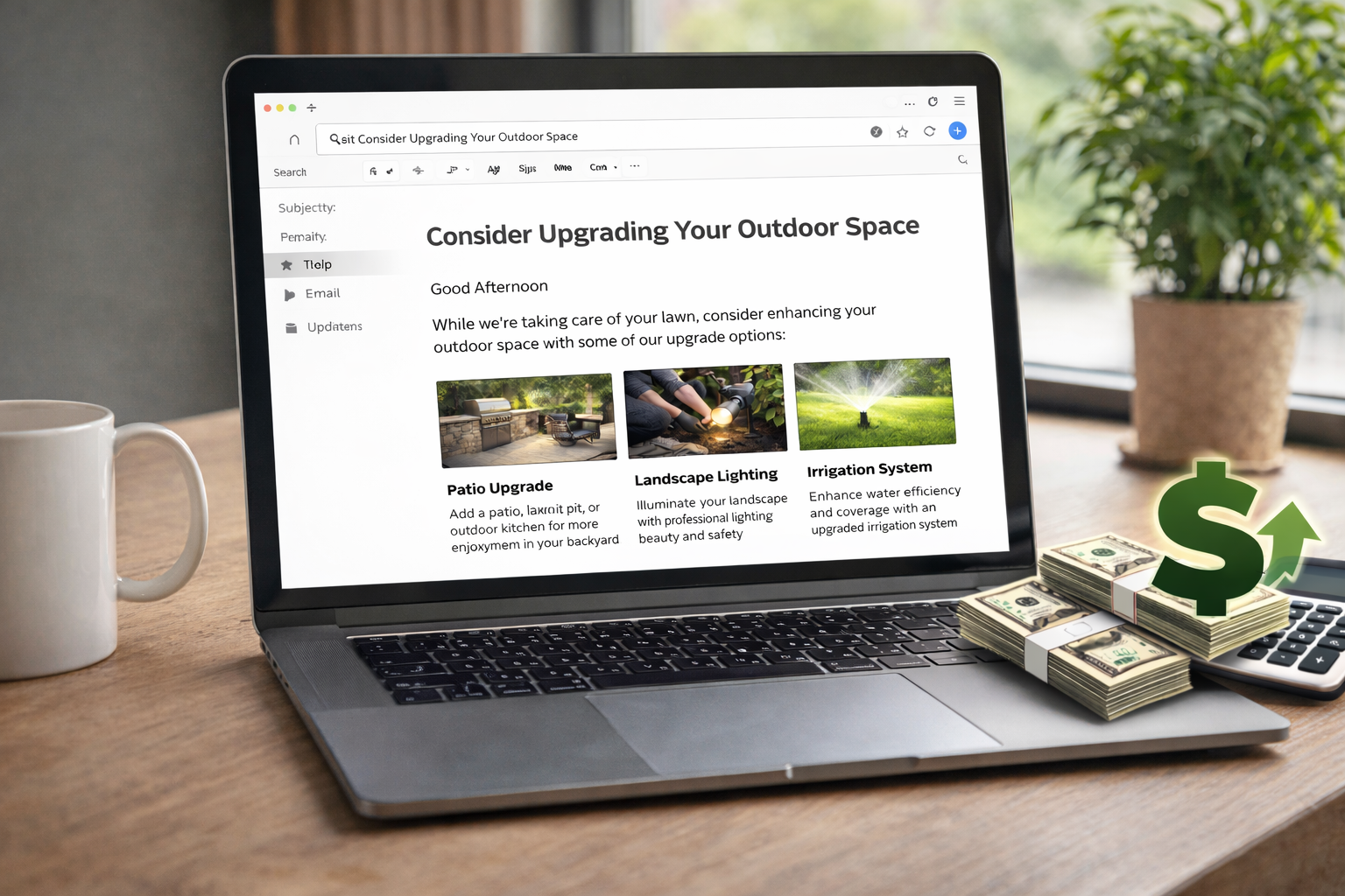 Example upsell email for lawn and landscape companies with patio, lighting, and irrigation upgrades