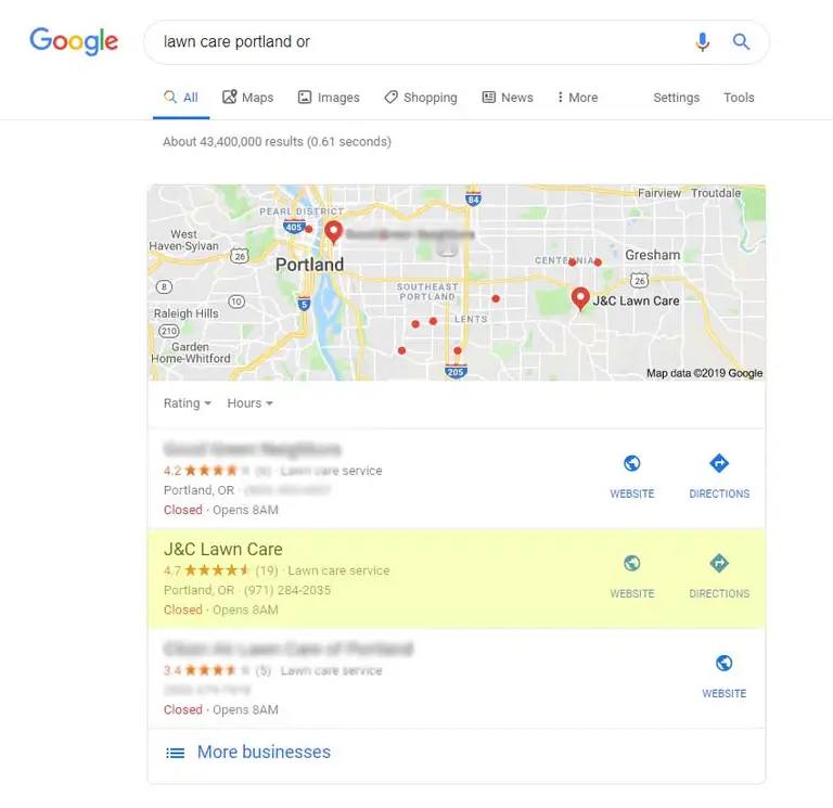 Google search page results for a lawn care client in Portland, OR