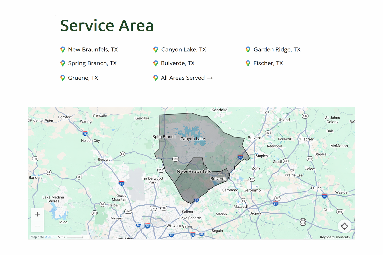 Example service area with listed towns and map showing defined coverage zone