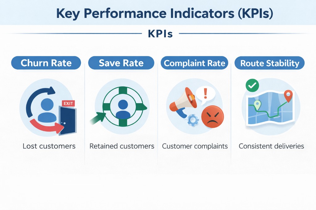 Infographic of four retention KPIs: churn rate, save rate, complaint rate, and route stability