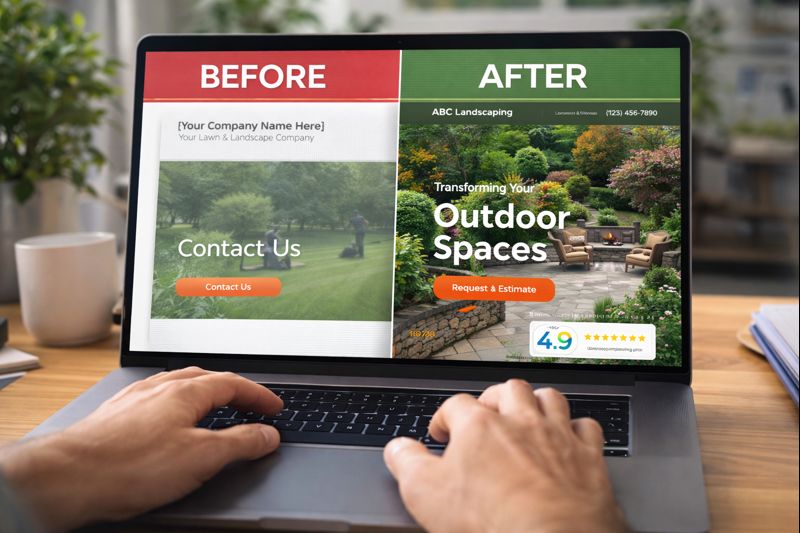 Website hero section showing clear CTA, reviews, and trust signals for lawn care company