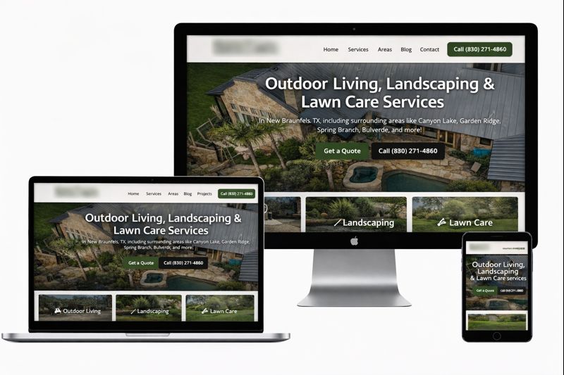 Lawn and landscape company website displayed across desktop, laptop, tablet, and mobile devices showing consistent responsive design