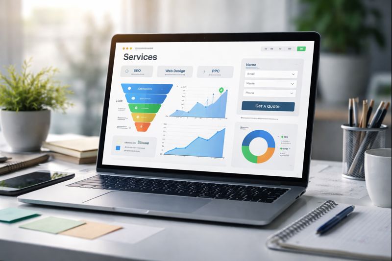 Lawn and landscape service page on a laptop showing clear service categories, conversion funnel, and lead capture form