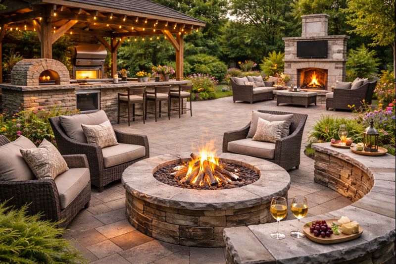 Beautiful hardscape patio with stone pavers and outdoor furniture