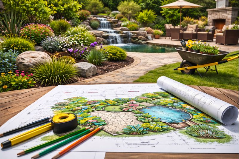 Professional landscape design project with beautiful garden beds