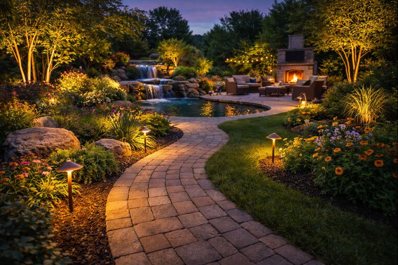 Beautiful outdoor landscape lighting installation at dusk
