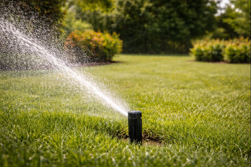 Sprinkler system watering green lawn