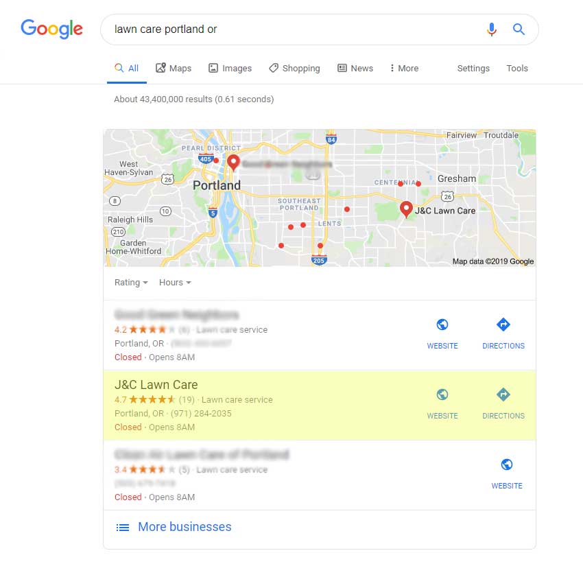 Google search page results for one of our clients in Portland, OR.