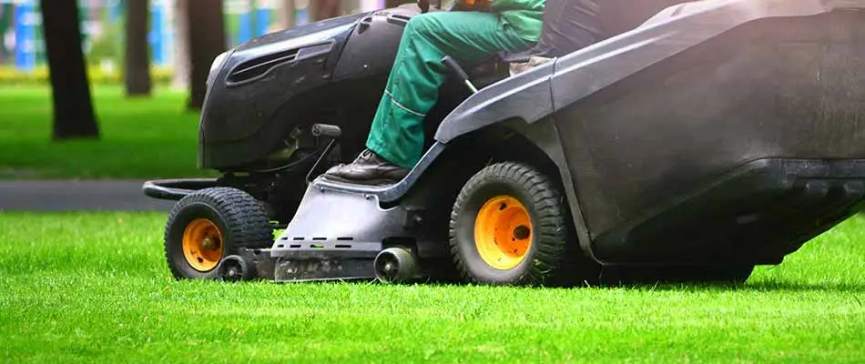 Professional lawn care worker mowing a commercial lawn.