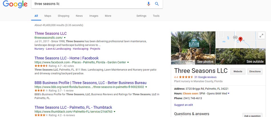 Google search results for Lawnline Websites client Three Seasons LLC, that shows their star rankings on a few different review platforms.