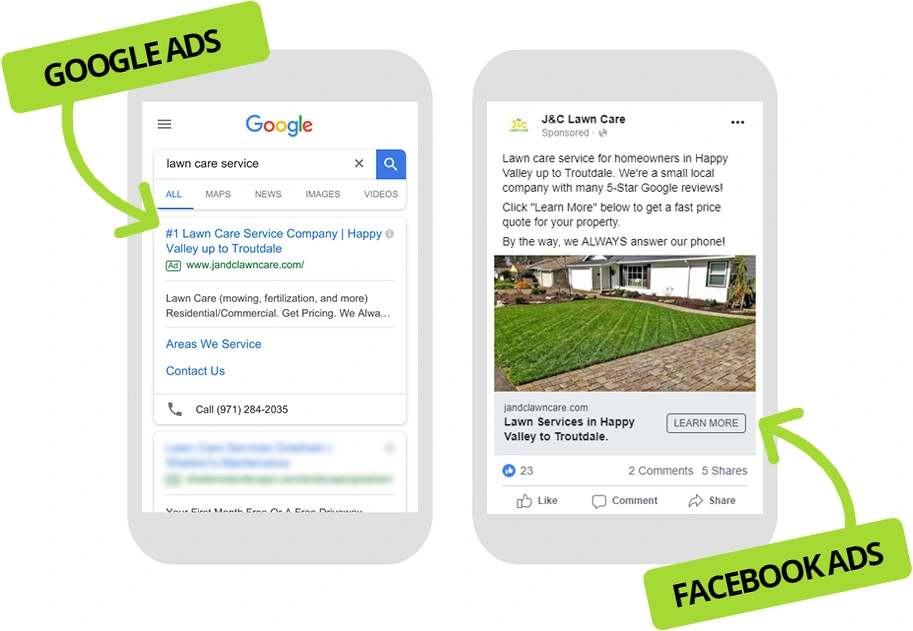 Screenshot of lawn care Google Advertising and Facebook Advertising.