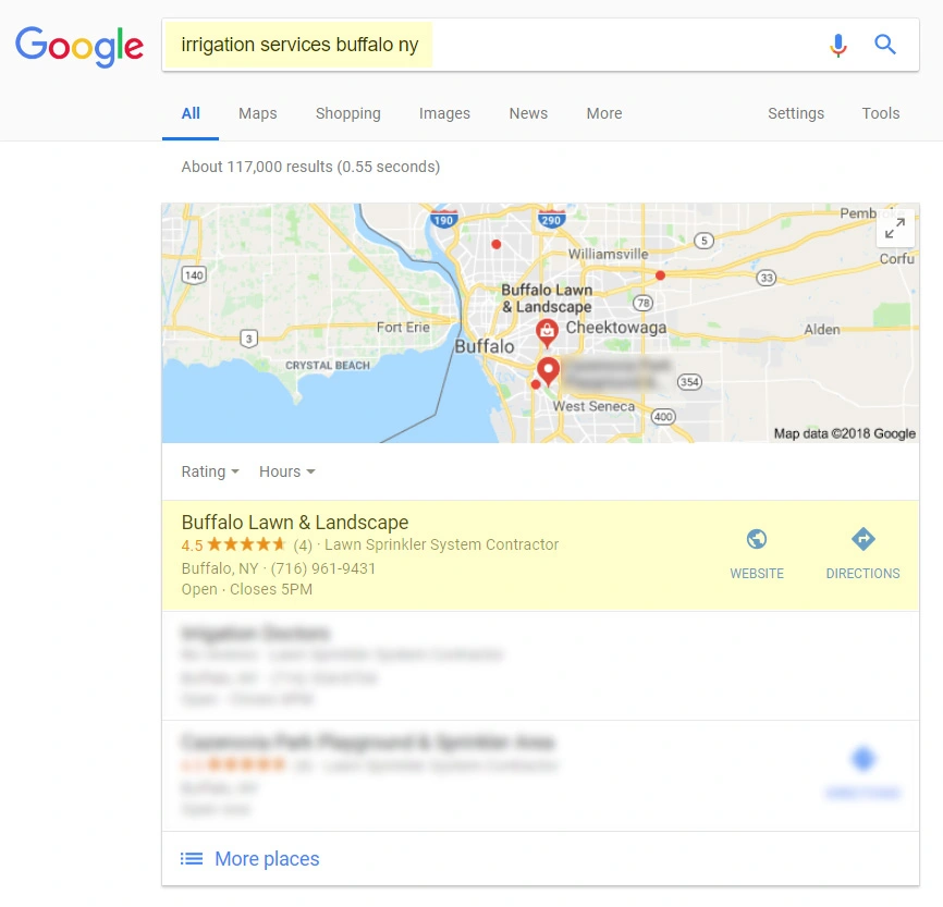 Screenshot: Irrigation company's organic rankings on Google.