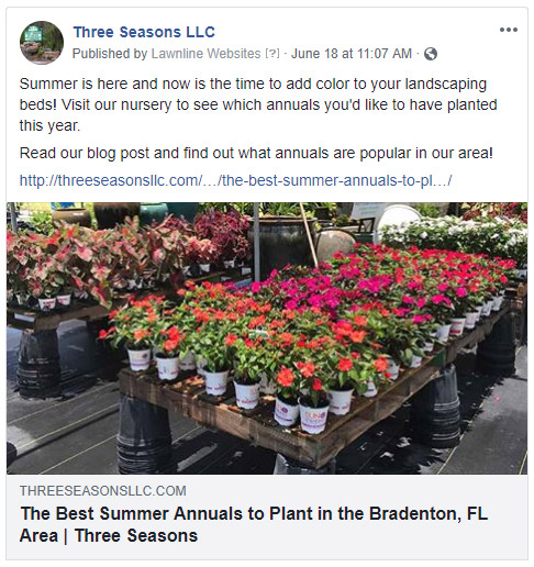 Screenshot: Facebook post for nursery about annual flowers.