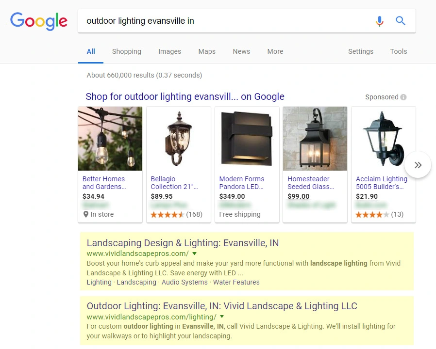 Screenshot: Organic Google rankings for an outdoor landscape lighting company.