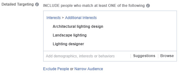 Screenshot: Targeting landscape lighting interests on Facebook.